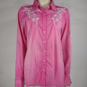 Roar pink white embroidered rhinestone embellished button front shirt womens XL
